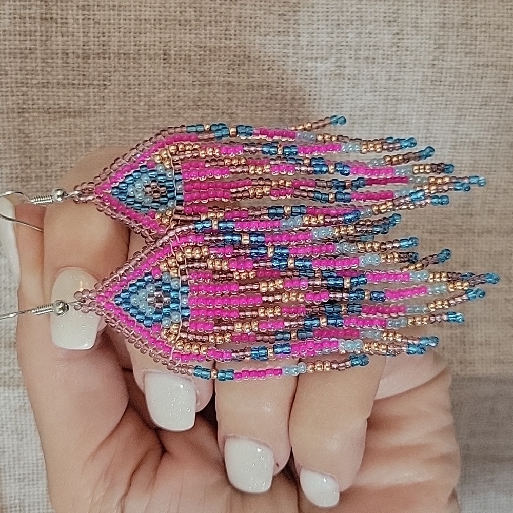 Bohemian Beaded Fringe Earrings - Pink, Blue, Gold - Picture 3 of 7